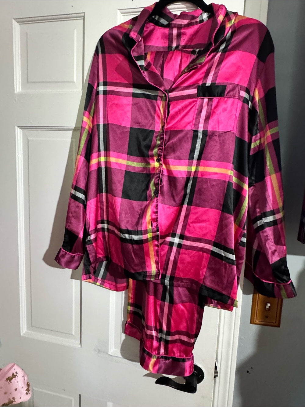 Victoria secret Fuchsia Plaid Satin Pajama Set